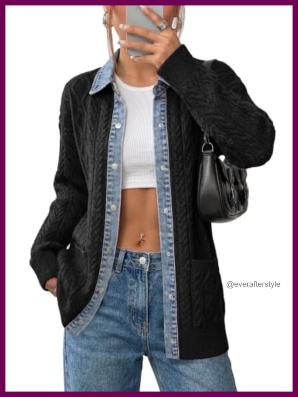Cable Knit Denim Collar Button Front Cardigan Sweater with Pockets